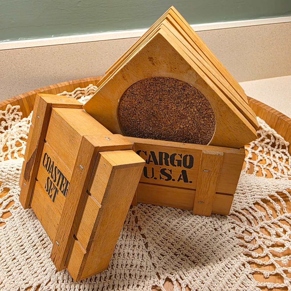 Cargo USA Coaster Set 8pc Brown Wood Cork Rustic Mini Crate Storage Box